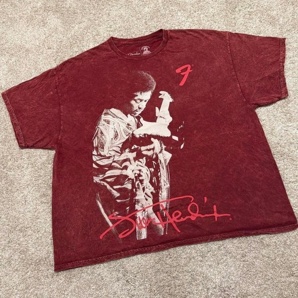 Vintage Fender Jimi Hendrix Graphic Boxy‎ T-Shirt | Burgundy Acid Wash | 2XL
